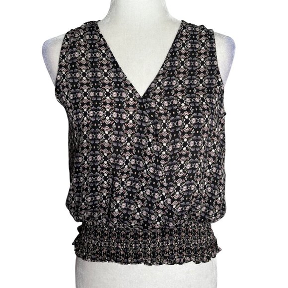 Sleeveless Floral Blouse Top Small Black Smocked Waist V Neck Surplice Wrap - Picture 1 of 7